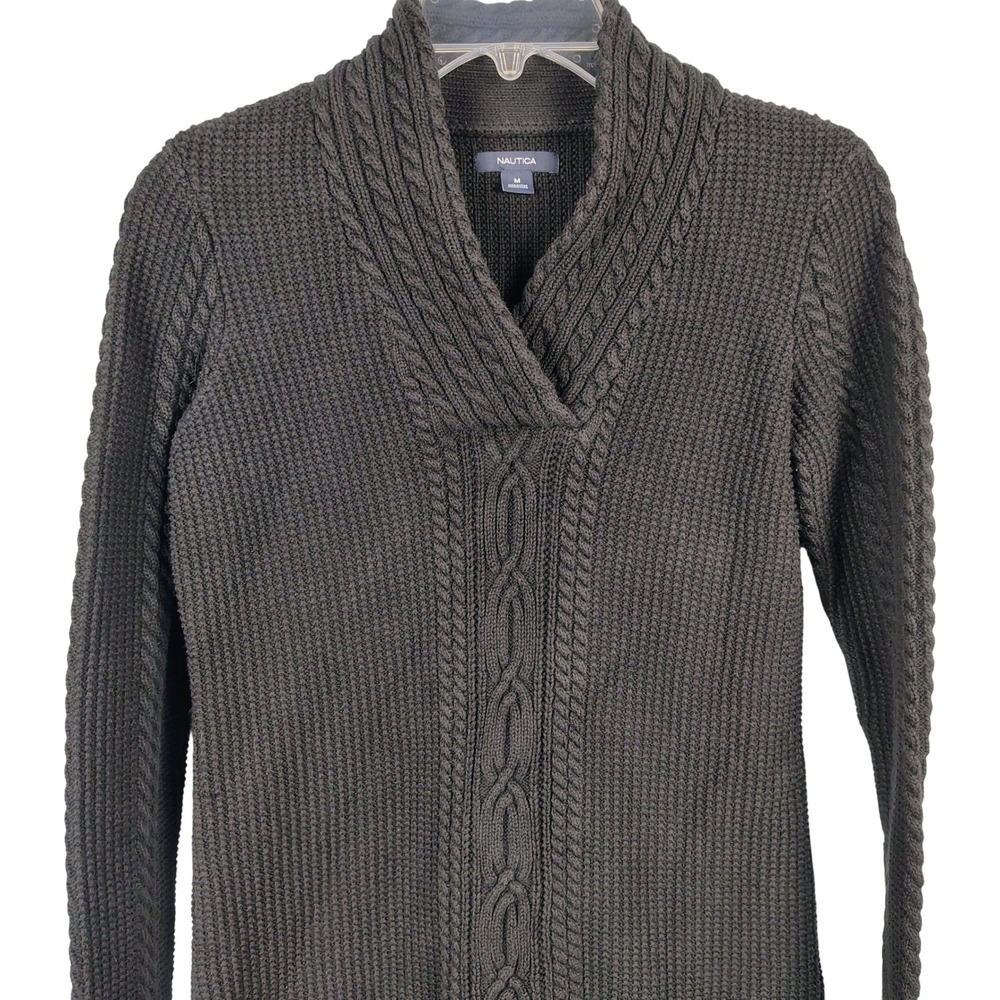Nautica Womens M‎ Shawl Collar Cable Knit Sweater Charcoal Grey Cotton Preppy